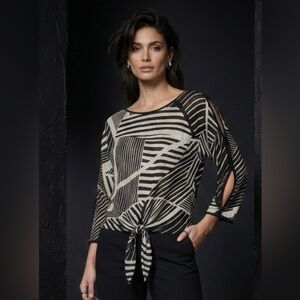 Frank Lyman Statement Geometric Knit Blouse | Slit Sleeves | Tie Detail |size 14